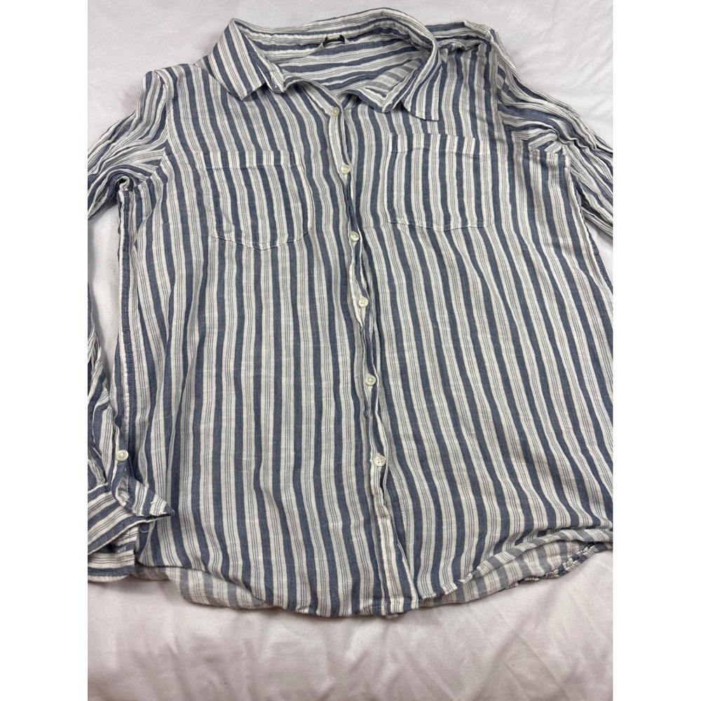 Lucky Brand Womens Large Blue White Striped Button Down Shirt Cotton Modal L/S